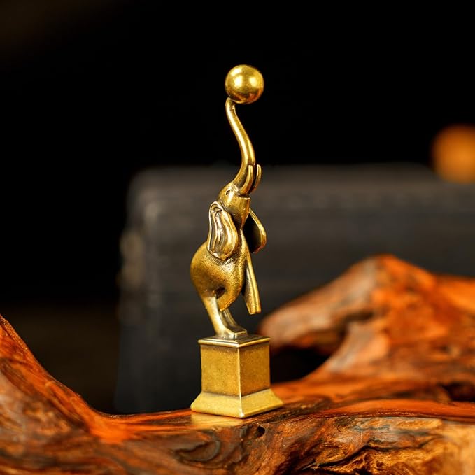 100% Solid Brass Elephant Sculpture - Ball Balancer Desk Toy, Handcrafted Vintage Home Décor, Playful Elephant Balancing Act Figurine, Unique Office & Bookshelf Collectible Art for Animal Lovers