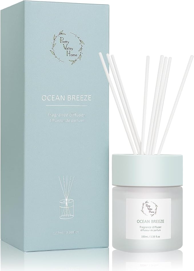 Reed Diffuser Set, Pretty Valley Home Diffuser 100Ml / 3.38fl OZ Gift Box - Includes Reed Diffuser Sticks, Fragrance Oil, and Glass Bottle for Bathroom Office Living Room Decor (Ocean Breeze)