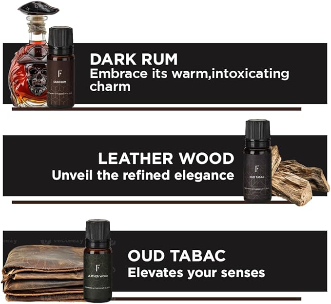Folkulture Essential Oils Set for Men | Set of 6 (0.34 Fl Oz or 60ml) Diffuser Oils for Home | Oud Tabac, Sandalwood, Leather Wood | Fragrance Oil