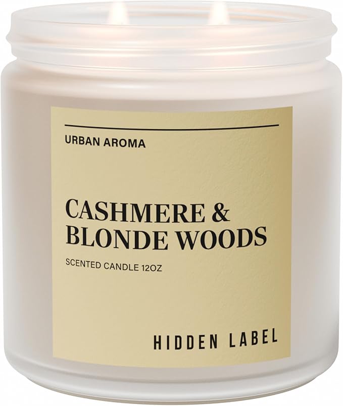 Hidden Label Cashmere & Blonde Woods Soy Candle, 12oz 2 Wick Non Toxic Candles for Home Scented, Bathroom Candle 70H Clean Burning Aromatherapy Candle for Stress Relief & Relaxation Gifts