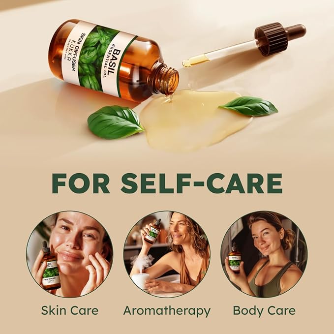 KUKKA Basil Essential Oils - 4 Fl Oz - for Hair, Skin, Diffuser, Aromatherapy & DIY Soap Making Scent