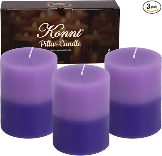 KONNI Purple Layered Pillar Candles Set of 3, 3"x 4" Unscented Pillar Candles Bulk, 39 Hours Long Burning Candles, Smokeless&Dripless Large Round Candle for Wedding, Home Decoration, Parties, Dinner