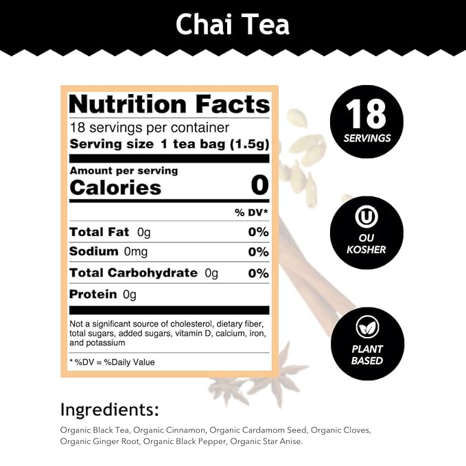 Buddha Teas - Organic Chai Tea - Delicately Spiced & Warming - For Health & Wellbeing - With Antioxidants & Minerals - Clean Ingredients - With Caffeine - OU Kosher & Non-GMO - 18 Tea Bags (Pack of 1)