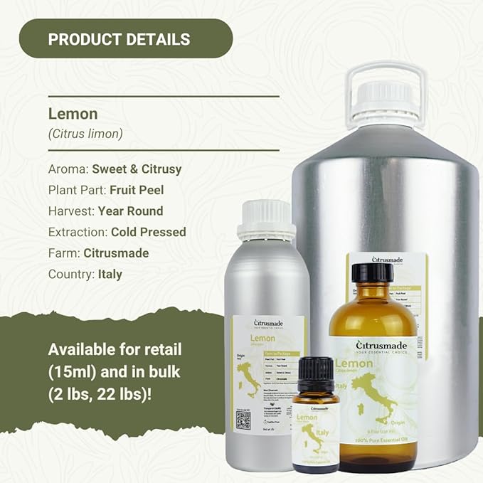 Lemon Essential Oil - Direct from Citrusmade Southern Italy - Cold Pressed - Aceite de Limón for Aromatherapy, Massage, Diffuser, DIY Candle and Soap Making - 2lbs