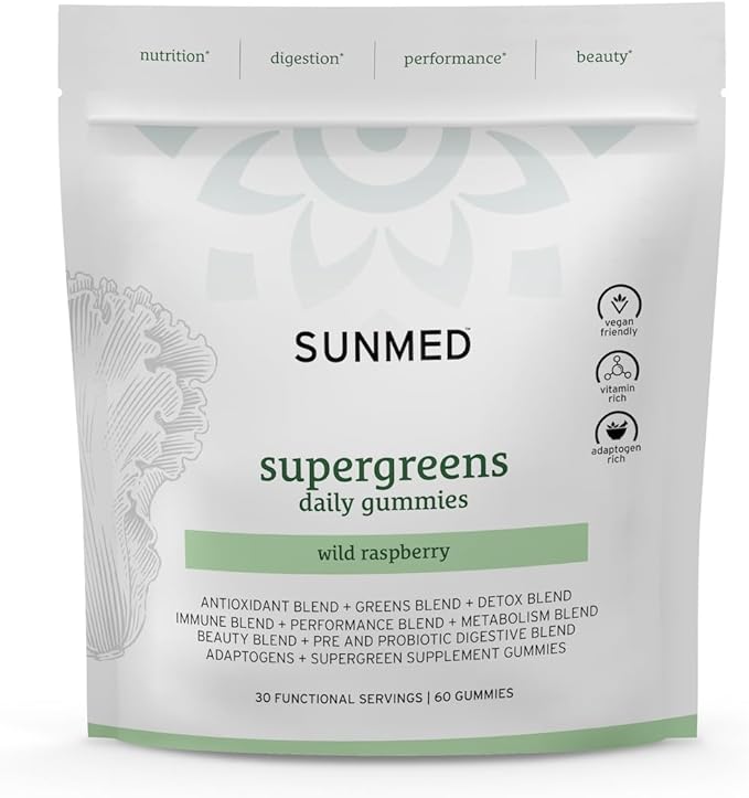 SUNMED Supergreens Daily Gummies – Wellness Blend with Ashwagandha, Green Tea, Spirulina, Probiotics, Antioxidants & Detox Support for Immunity, Gut, Skin & Brain Health | Wild Raspberry, 60ct