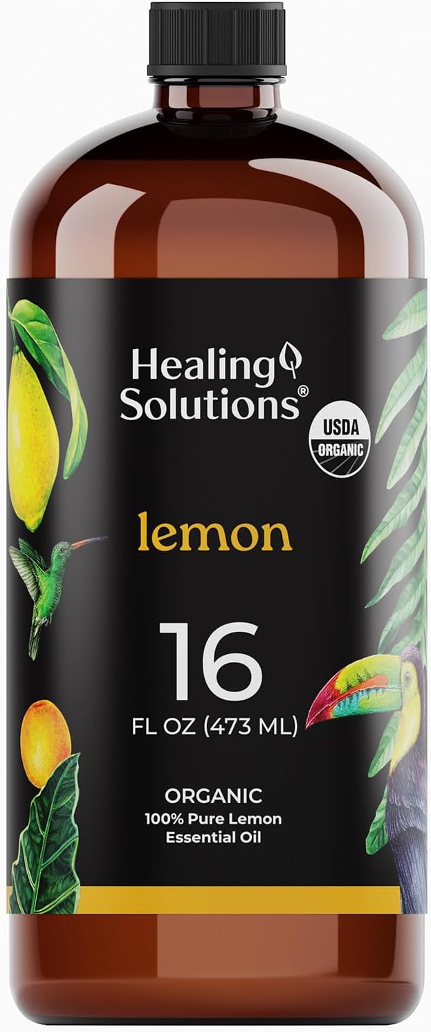 Healing Solutions Organic Lemon Diffuser Oil, Lemon Essential Oil Bulk, 16 oz - Large Bottle for Candle Making and Household Cleaning