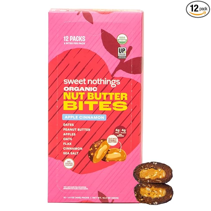 Sweet Nothings, Apple Cinnamon, USDA Organic Nut Butter Bites Protein Bar, Nut & Date Snack, Filled with Peanut Butter, 12-2 Bite Value Packs - No Added Sugar, Plant Based, Vegan, Only 7 Ingredients