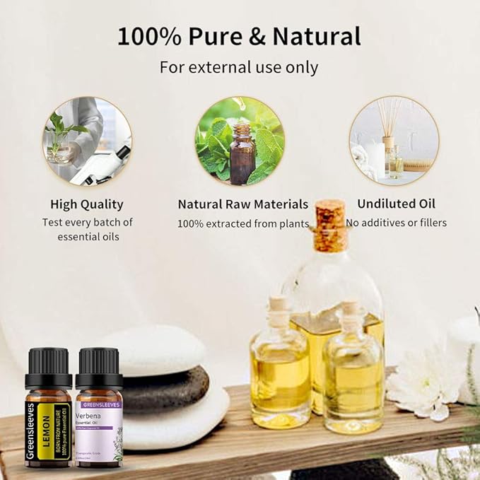 GREENSLEEVES Verbena Lemon Essential Oil Set, 2 x 10ml Pure Plant-Based Fragrance Oil for Aromatherapy, Essential Oils for Diffuser, Massage, Bath Bomb, Scented Candle Soap Making