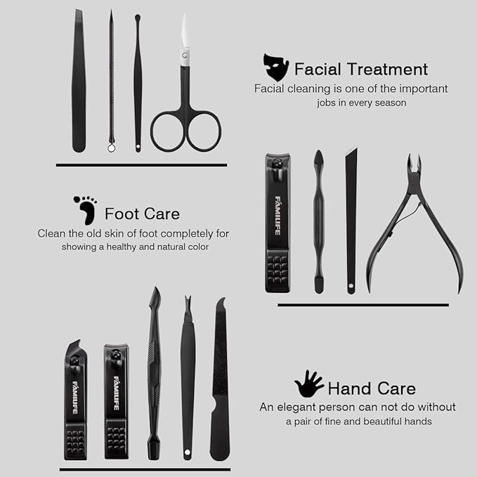 FAMILIFE Manicure Set, Professional Manicure Kit Nail Clipper Set Stainless Steel Pedicure Tools Kit with Leather Travel Case for Women Girl Men (Brown)