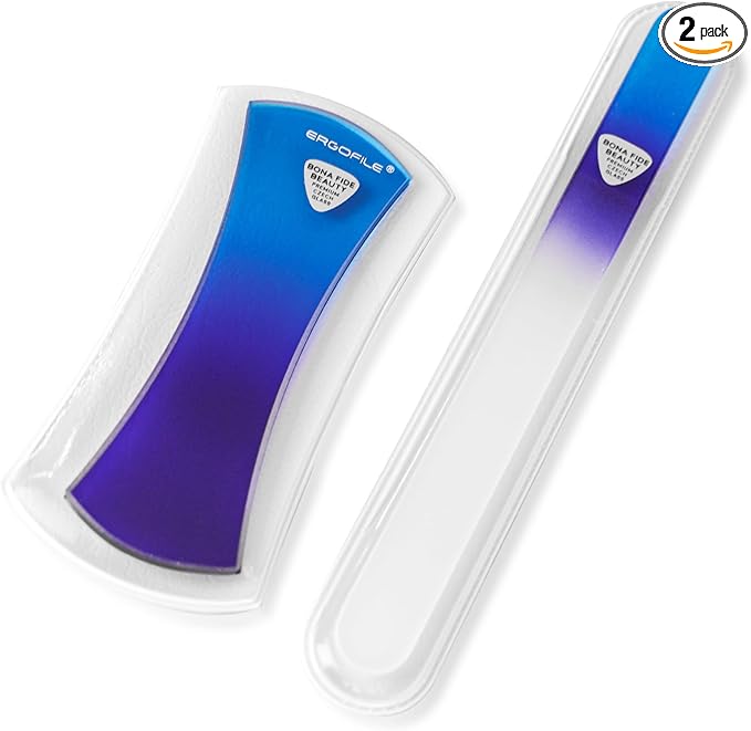 BONA Fide Beauty Glass Nail File Manicure Set, 2-Pieces Blue Ergonomic Comfort Grip Bow Ergofile for Gentle & Efficient Filing, Nail Care Tools Genuine Czech Glass