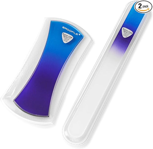 BONA Fide Beauty Glass Nail File Manicure Set, 2-Pieces Blue Ergonomic Comfort Grip Bow Ergofile for Gentle & Efficient Filing, Nail Care Tools Genuine Czech Glass