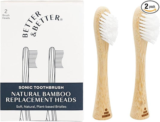 Better & Better Bamboo Sonic Toothbrush Replacement Heads | Replaceable Bamboo Sonic Brush Heads w/Soft, Plant-Based Bristles for High-Polish, Gentle Clean | Whitens Surface Stains & Removes Plaque