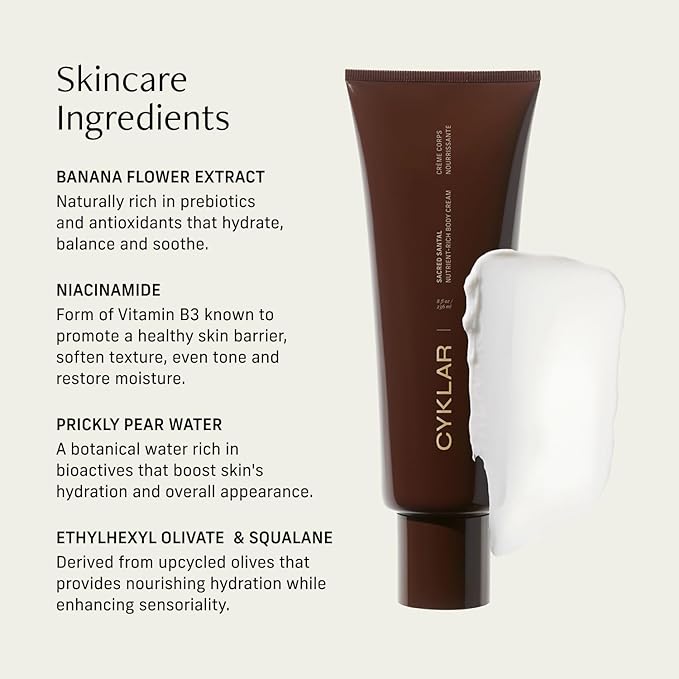 CYKLAR Nutrient Rich Body Cream. Sacred Santal Nourishing Moisturizer with Niacinamide and Banana Flower Extract. Deep Hydration, Thick Body Lotion, Dry Skin Cream for Women and Men, 8 Fl Oz