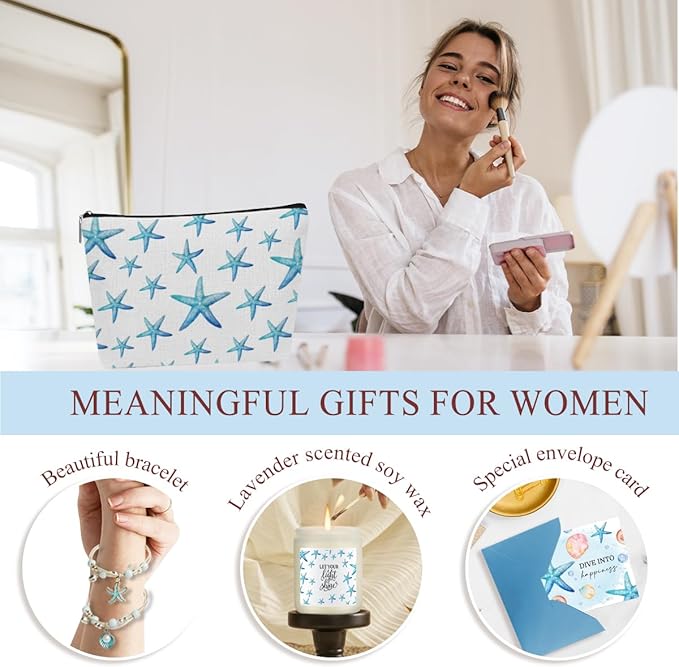 Cute Starfish Decor Starfish Ocean Friendship Appreciation Birthday Gifts for Women Beach Gifts for Women Girls Mom Sister Friends Card Wine Tumbler Cosmetic Makeup Bag Bracelet Christmas
