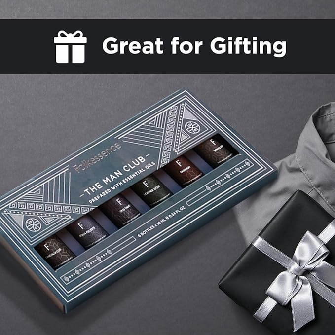 Folkulture Essential Oils Set for Men | Set of 6 (0.34 Fl Oz or 60ml) Diffuser Oils for Home | Oud Tabac, Sandalwood, Leather Wood | Fragrance Oil