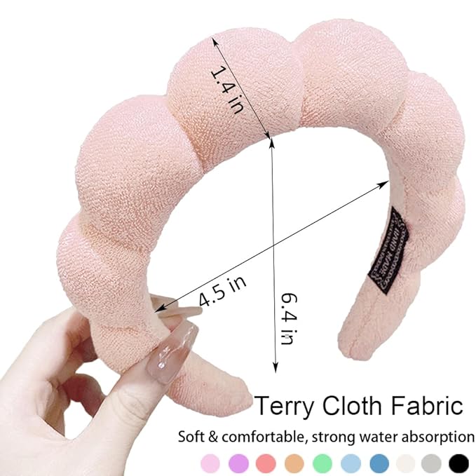 Spa Headbands for Washing Face or Makeup, Sponge Bubble Skincare Headbands, Puffy Terry Cloth Hairband for Women, Skin Care Makeup Headwear Hair Accessories for Girls (Beige)