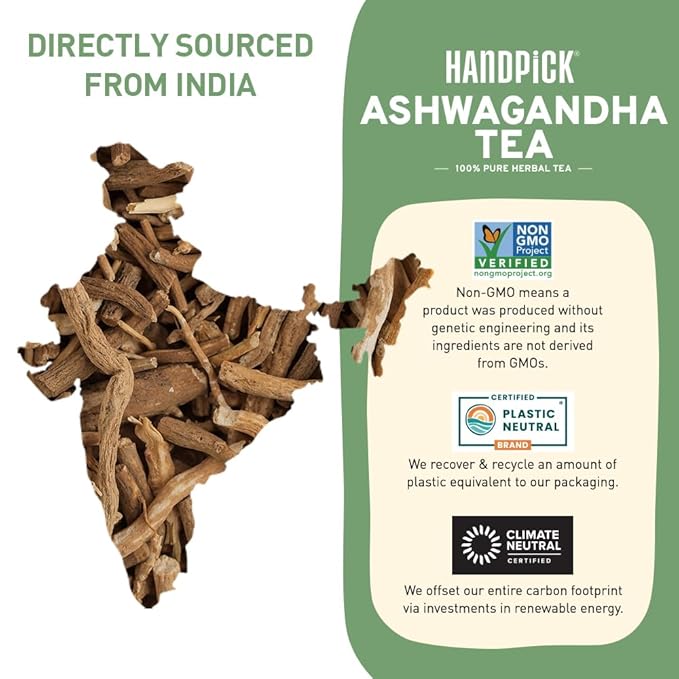 HANDPICK, Ashwagandha Root Tea (100 tea Bags) - Herbal Supplement - For Health & Wellbeing | Caffeine Free, Gluten Free | Packed in Ecofriendly Tea Bags