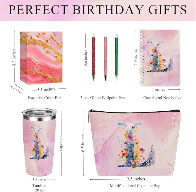 Personalized Gifts Monogrammed Birthday Gifts for Women, Mama New Mom Thanksgiving Wedding Christmas Initial 20 oz Tumbler, Makeup Bag Cup Pens Journal Notebook 6 Set, (Aesthetic Pink Flower L)