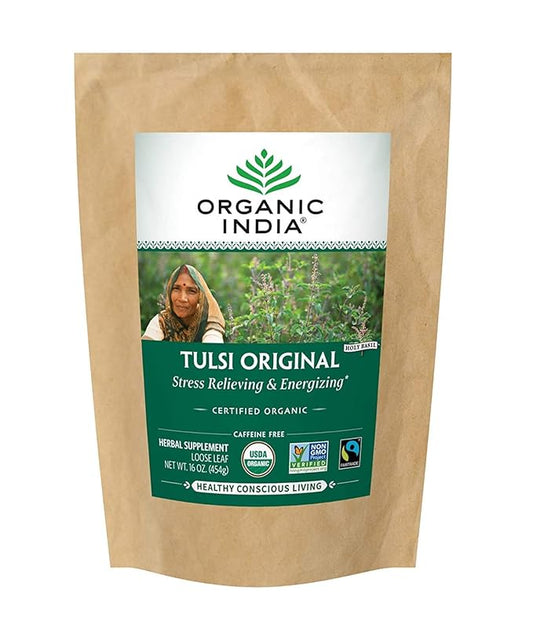 Organic India Tulsi Original Loose Leaf Herbal Tea - Immune Support, Vegan, Gluten-Free, Kosher, USDA Certified Organic, Non-GMO, Caffeine-Free, Healthy Stress-Relief & Uplift Mood - 1 lb Bag