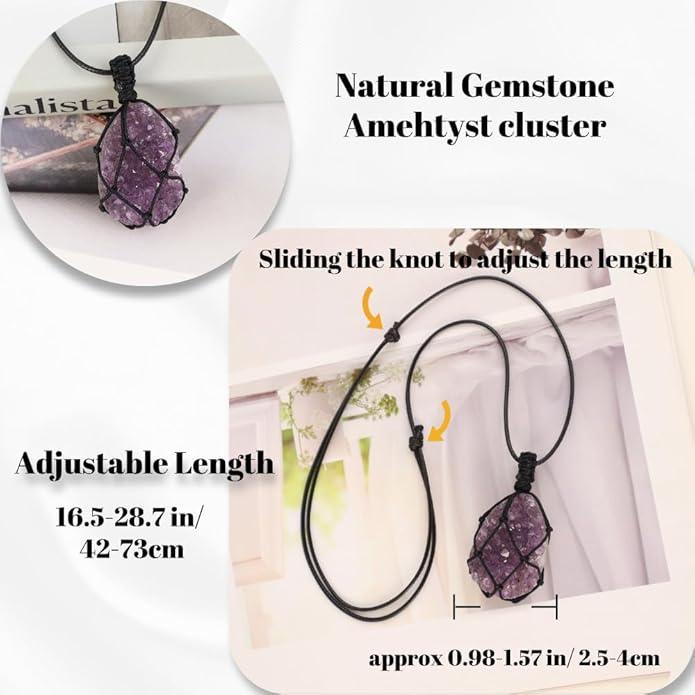 Handmade Natural Gemstone Crystal Pendant Necklace Stone Holder Necklace Cord Net Necklace with Adjustable Length for Women Men