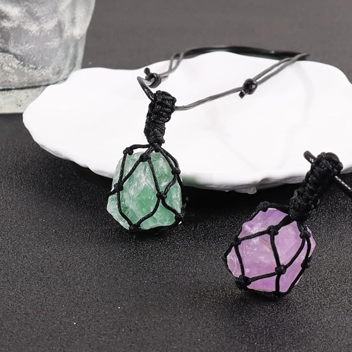 Handmade Natural Gemstone Crystal Pendant Necklace Stone Holder Necklace Cord Net Necklace with Adjustable Length for Women Men