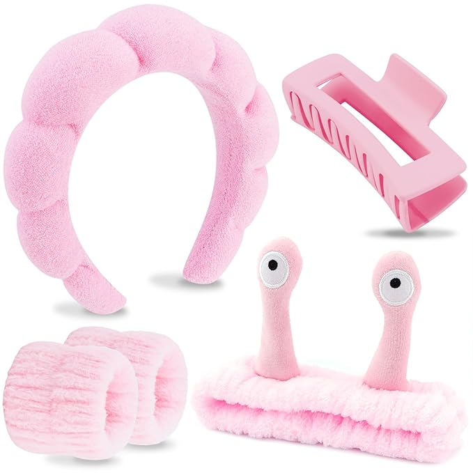 VELSCRUN Spa Headband, Makeup Face Wash Skincare Headbands, 5 Pcs Sponge Get Ready Snail Hairband Facial Wristband Hair Clip Set, Stuff for Teen Girls Women Trendy Hair Accessories Sakura Pink