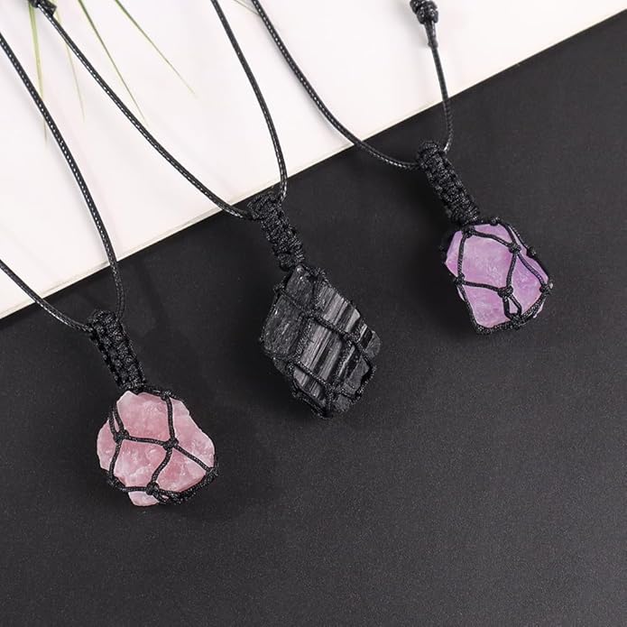 Handmade Natural Gemstone Crystal Pendant Necklace Stone Holder Necklace Cord Net Necklace with Adjustable Length for Women Men