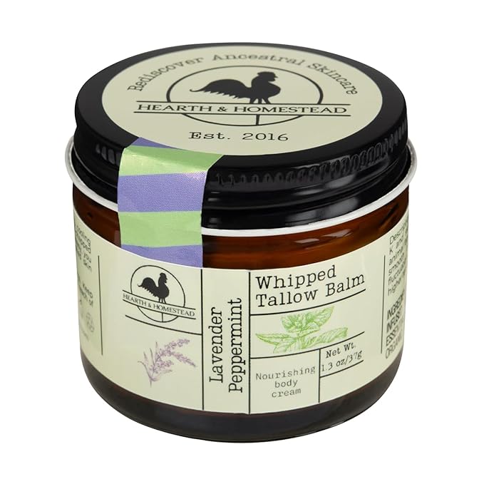 Hearth and Homestead: Handmade Whipped Tallow Balm (Lavender Peppermint): Organic Body Butter with Infused Olive Oil- 1.3 oz