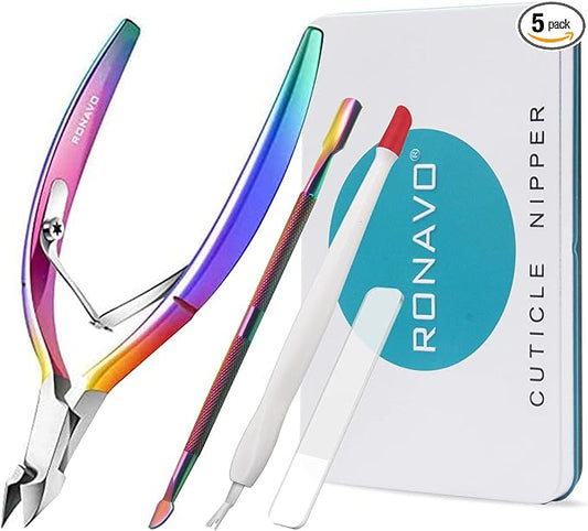 Cuticle Trimmer with Cuticle Pusher, RONAVO Cuticle Remover Stainless Steel Professional Cuticle Nipper, Durable Pedicure Manicure Tools (Polish Multi-color)