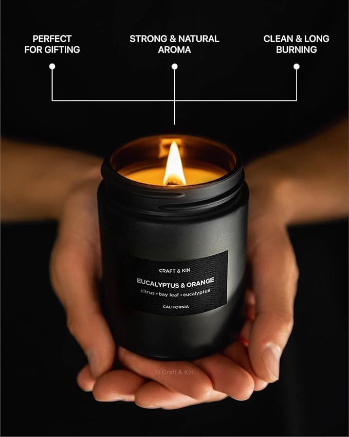 Craft & Kin Premium Orange & Eucalyptus Candle | Black Scented Candles for Home | Long Lasting with 45 Hour Burn Time, 7.6oz | Made with Soy | Aromatherapy at Home | Gifts for Men