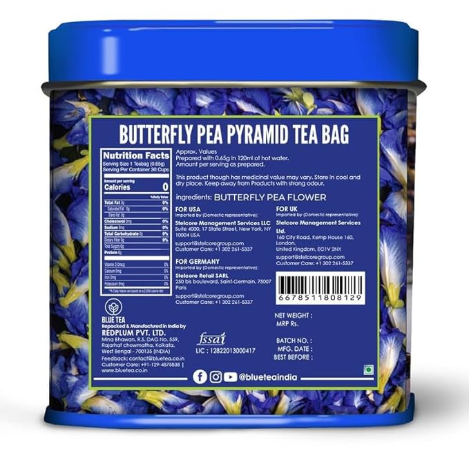 BLUE TEA - Butterfly Pea Flower Tea - 30 Count - Pyramid Plant Based Tea Bag | ANTIOXIDANT RICH | Caffeine Free - Detox Tea - Flower Based - Herbal Tea - Non-GMO | Tin Pack