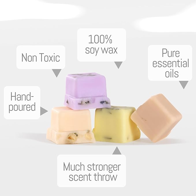 DEVI Scented Wax Melts with Dried Flowers, Natural Soy Wax Cubes Strong Scent - Fall Scented Candle Melts for Warmer, Vanilla Almond Biscuit, Lavender & Eucalyptus, Jasmine, Citronella, 4 Pack