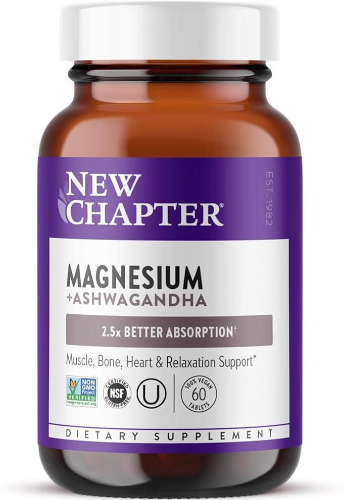 New Chapter Magnesium + Ashwagandha Supplement, 325 mg with Magnesium Glycinate for Muscle Relaxation & Recovery, Heart, Nerve & Bone Health, 2.5X Absorption, Non-GMO - 60 ct (2 Month Supply)