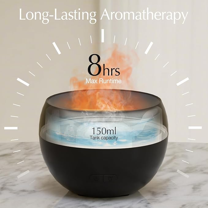 SALKING Flame Diffuser for Essential Oils, Fire Aromatherapy Essential Oil Diffuser, 150ml Ultrasonic Cool Mist Humidifier with Auto-Off Function, Small Diffuser for Home,Office,Bedroom,Gift (Black)