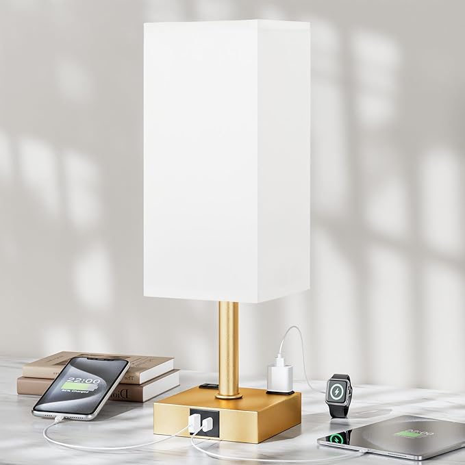 Gold White Touch Table Lamp - Bedside Lamp with USB A + Type C Charging Ports and Two AC Outlets, Small Night Stand with E26 LED Bulb, Desk Light for Bedroom Living Room Office Dorm