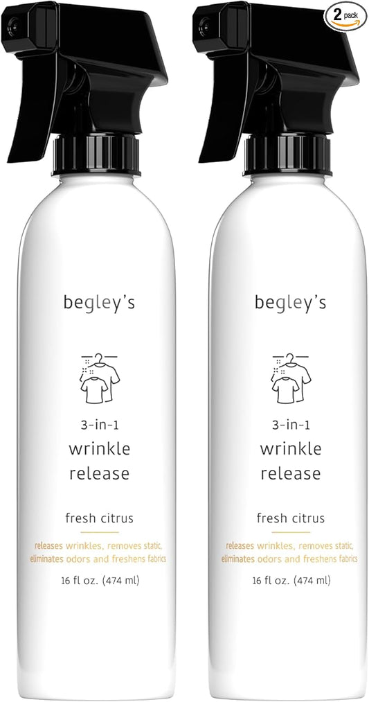 Begley's 3-in-1 Wrinkle Remover, Quick Fix Wrinkle Release, Static Cling Remover, Odor Eliminator and Fabric Refresher Spray - USDA Certified Biobased - Citrus, 16 oz, 2 Pack