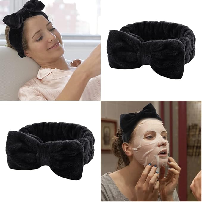 WHAVEL 6 Pack Spa Headbands - Black Microfiber Bowtie & Soft Bowknot Fluffy Elastic Hair Bands - Cosmetic Coral Fleece Shower Headbands