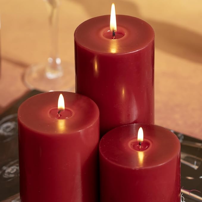KONNI Dark Red Pillar Candles Set of 3, 3"x 3" Unscented Pillar Candles Bulk, 30 Hours Long Burning Candles, Smokeless&Dripless Large Round Candle for Wedding, Home Decoration, Parties, Spas, Dinner
