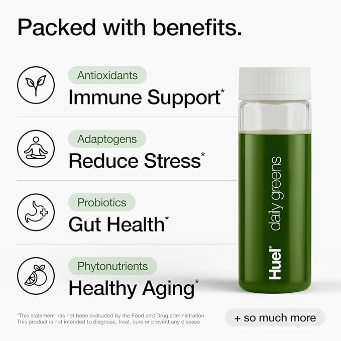Huel Daily Greens Single Serve | Superfood Greens Powder | 91 Vitamins, Minerals, and Wholefood-Sourced Ingredients | Adaptogens, Antioxidants, Gut-Friendly Probiotics | 12 Pack