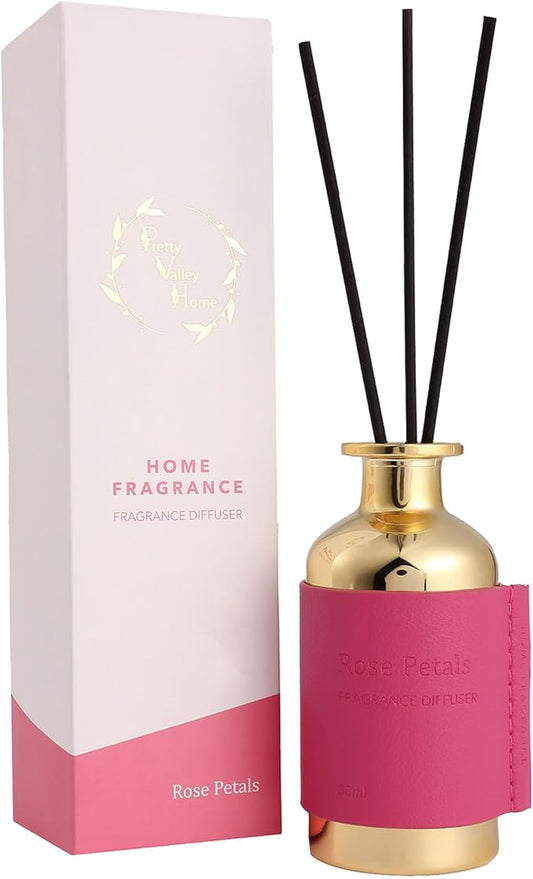 Reed Diffuser Set, Pretty Valley Home Diffuser 80Ml / 2.7 fl OZ Gift Box - Includes Reed Diffuser Sticks, Long Lasting Fragrance Oil and Glass Bottle for Office Living Room Decor (Rose Petals)