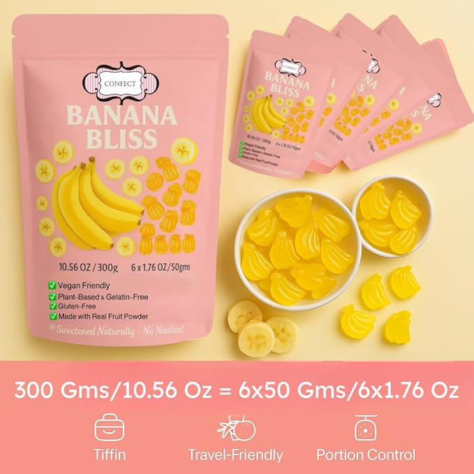 Confect Banana Bliss Fruit Gummies – Vegan Candy – 6 Packs x 1.76 oz – Gluten-Free, No Corn Syrup, Banana Shape