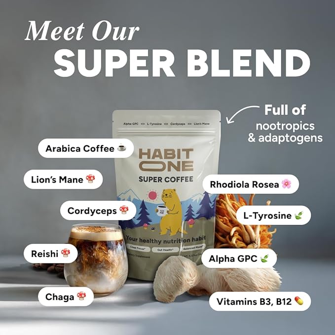 HabitONE Organic Instant Mushroom Coffee Arabica – Lion’s Mane, Cordyceps, Reishi, Chaga – Alpha-GPC & L-Tyrosine, B12 & B3 – Better Energy, Focus, Digestion & Immunity – Made in USA – 30 Servings