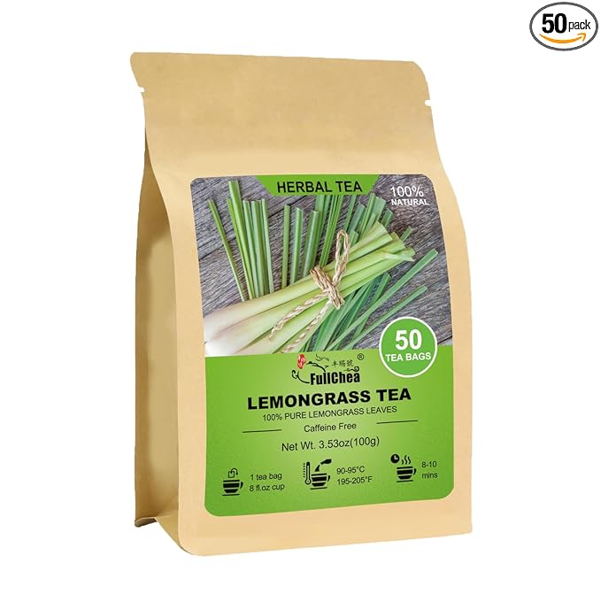 Fullchea - Lemongrass Tea Bags, 50 Teabags - Refreshing Herbal Tea Made from Pure Lemongrass Leaves - Non-GMO - Caffeine-Free - Perfect for Relaxation and Wellness
