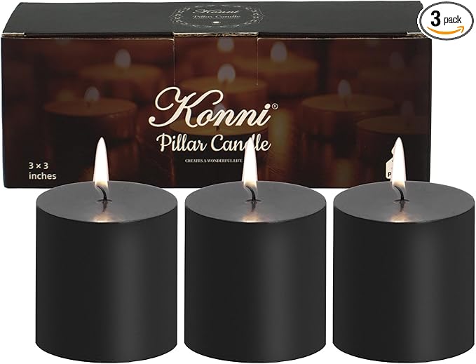 KONNI Black Pillar Candles Set of 3, 3"x 3" Unscented Pillar Candles Bulk, 30 Hours Long Burning Candles, Smokeless&Dripless Large Round Candle for Wedding, Home Decoration, Parties, Spas, Dinner