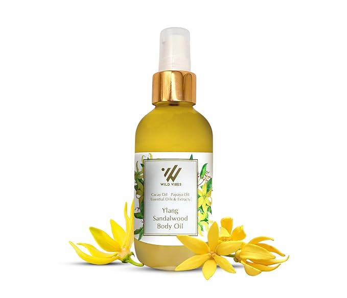 Wild Vibes Ylang Sandalwood + Amber Luxury Body Oil – Organic with Sandal and Tropical Oils for Hydrated, Radiant Skin – Anti-Aging After Shower for Women – 4 oz