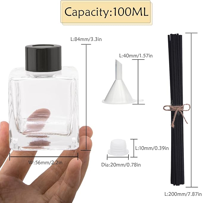 4PCS Glass Diffuser Bottles, Refillable Square Shape With 20pcs Reeds Sticks, Black Caps & Funnel, 3.3" High 100ml 3.52 fl oz. Jars for Home Oil Fragrance Decoration