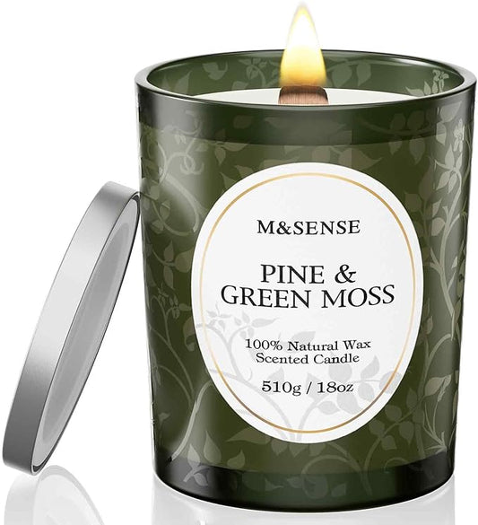 M&SENSE Pine Green Moss Strong Scented Candle, Wooden Wick Candle, 100 Hours Slow Burning No Toxin Natural Soy Wax 18oz,Calming Meditation Home Fragrance, Housewarming Gifts for Men Women