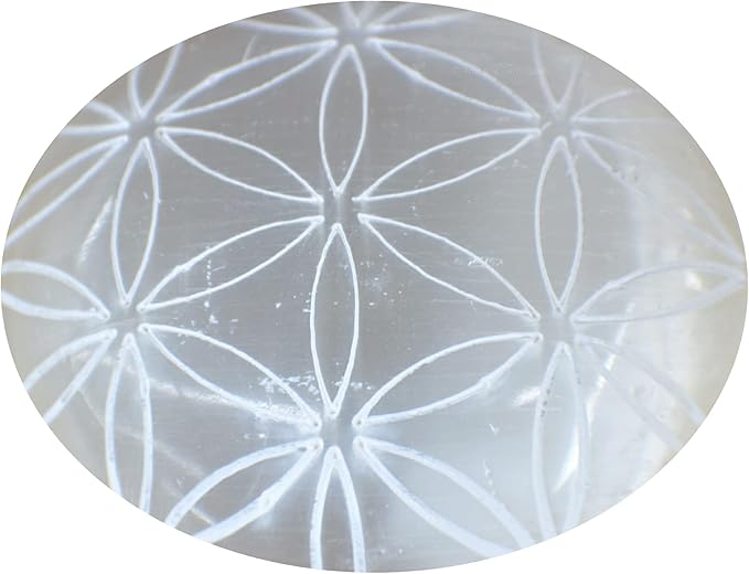 Amazing Gemstone Selenite Palm Stone - Flower of Life Engraved Hot Massage Worry Stone for Natural Body Chakra Balancing, Reiki Healing and Crystal Grid