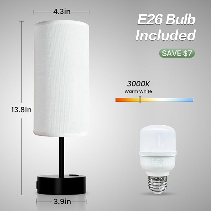 KPQ Small Bedside Lamp Touch Control Table Lamp with USB A+C Charging Ports & AC Outlet 3-Way Dimmable Nightstand Lamp with Linen Fabric Shade for Bedroom Living Room