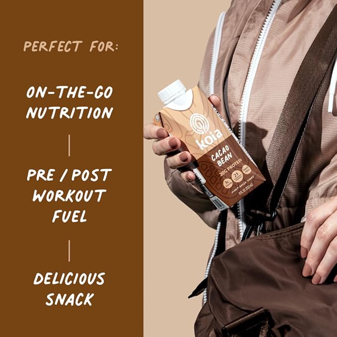 Koia Plant Based Protein Shake, Cacao Bean, 20g Protein, 3g Sugar, 6g Prebiotic Fiber, 21 Vitamins & Minerals, Meal Replacement Drinks, Dairy-Free, Gluten-Free, Non-GMO, 11 Fl Oz (Pack of 12)